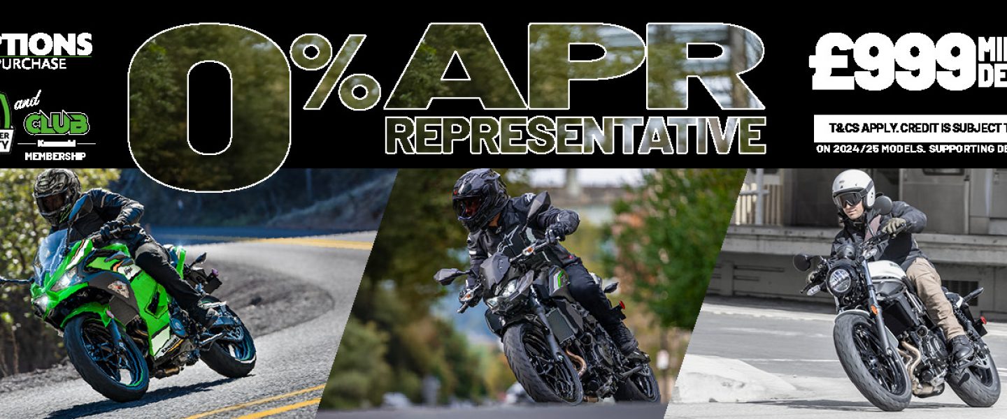 Enjoy 0% APR on HP and 5.9% PCP APR Representative on a wide range of Kawasaki machines!